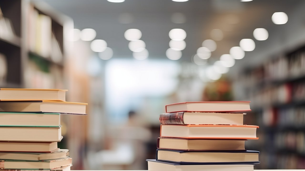 Zwei Stapel Bücher nebeneinander auf einem Tisch