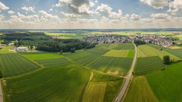 Bild zeigt Landwirtschaft mit Ort im Hintergrund