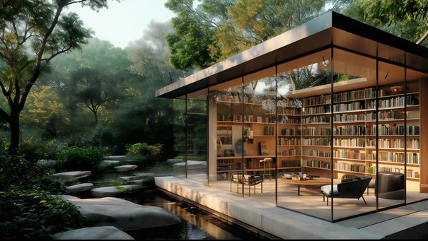 Bibliothek mit Glaswänden und Leseraum mit Blick auf einen ruhigen Garten