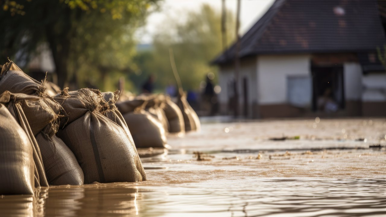 Sandsäcke mit überflutetem Wohnhaus im Hintergrund