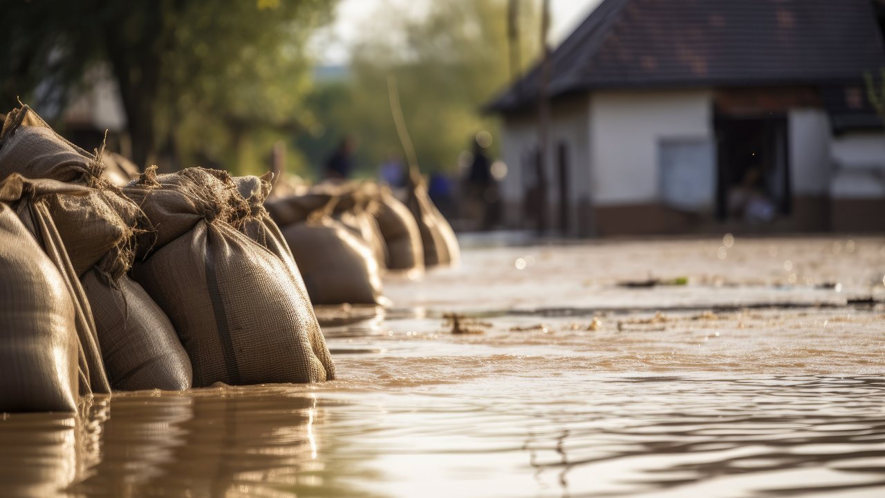 Sandsäcke mit überflutetem Wohnhaus im Hintergrund
