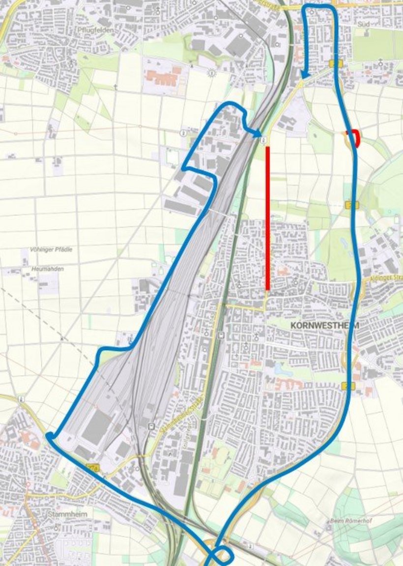 Sperrungen (rot) und Umleitungen (blau) während der Bauzeit