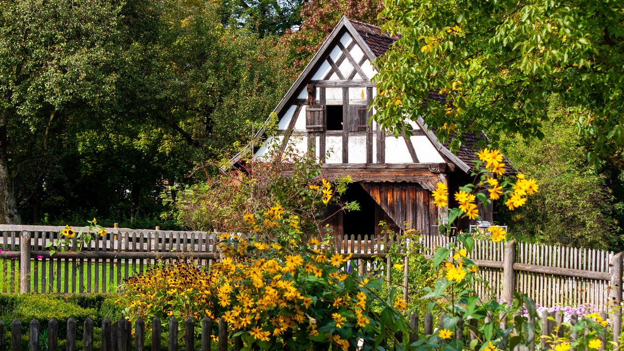 Bauerngarten mit Scheune im Freilichtmuseum in Kürnbach bei Bad Schussenried in Oberschwaben