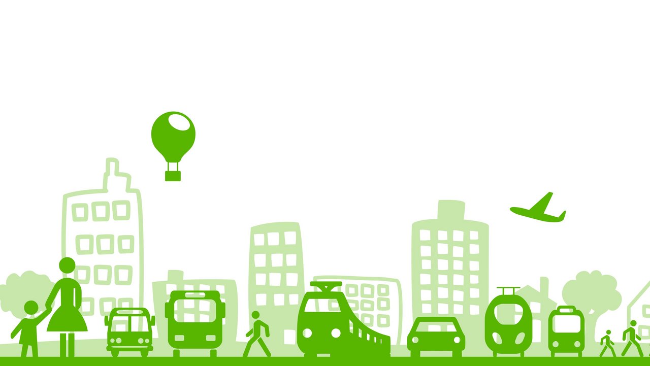 Bild zeigt grüne, gezeichnete Verkehrsmittel mit Häusern im Hintergrund