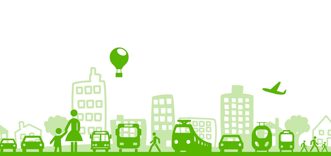 Bild zeigt grüne, gezeichnete Verkehrsmittel mit Häusern im Hintergrund