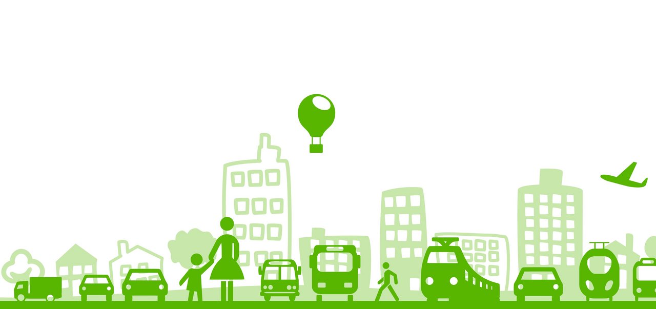 Bild zeigt grüne, gezeichnete Verkehrsmittel mit Häusern im Hintergrund