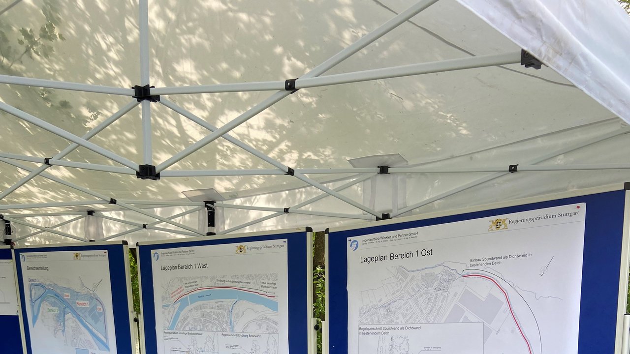 Drei Clipcharts stehen in einer Reihe mit Plänen und Informationen