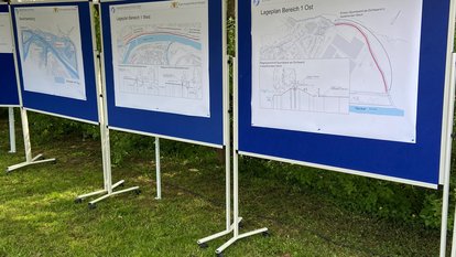 Drei Clipcharts stehen in einer Reihe mit Plänen und Informationen