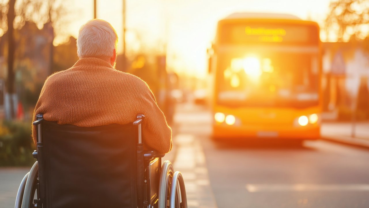 Rollstuhlfahrer wartet auf einen heranfahrenden Bus